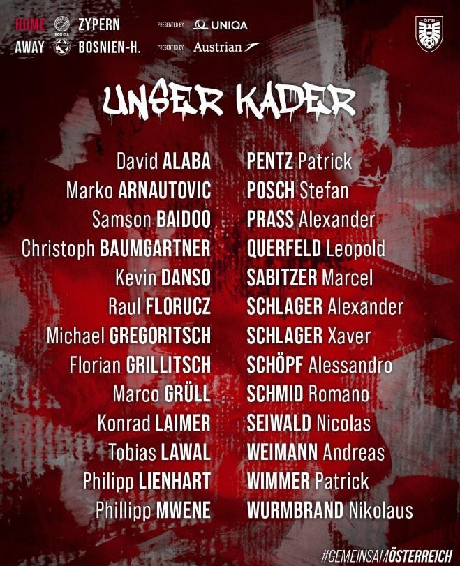 开云在线-奥地利大名单：阿拉巴领衔，萨比策、莱默尔、阿瑙、丹索入选